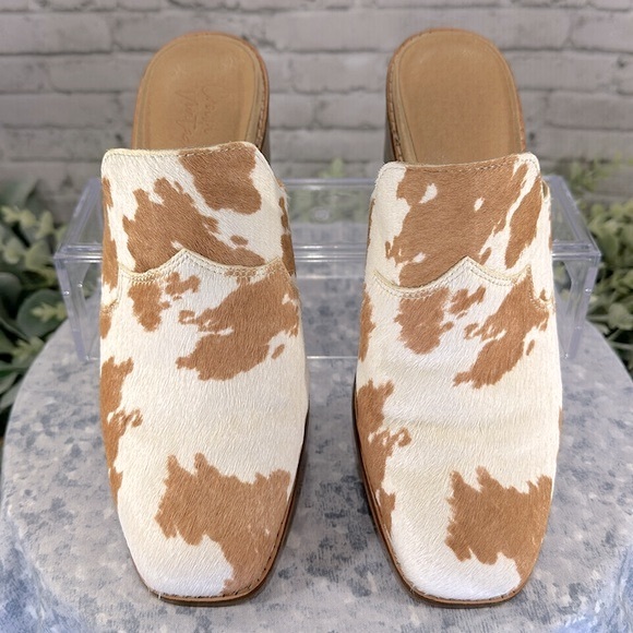 Crown Vintage “Galiena” Tan & White Cow Print Square Toe Mules WMS 6.5M✨VGUC - Picture 3 of 9